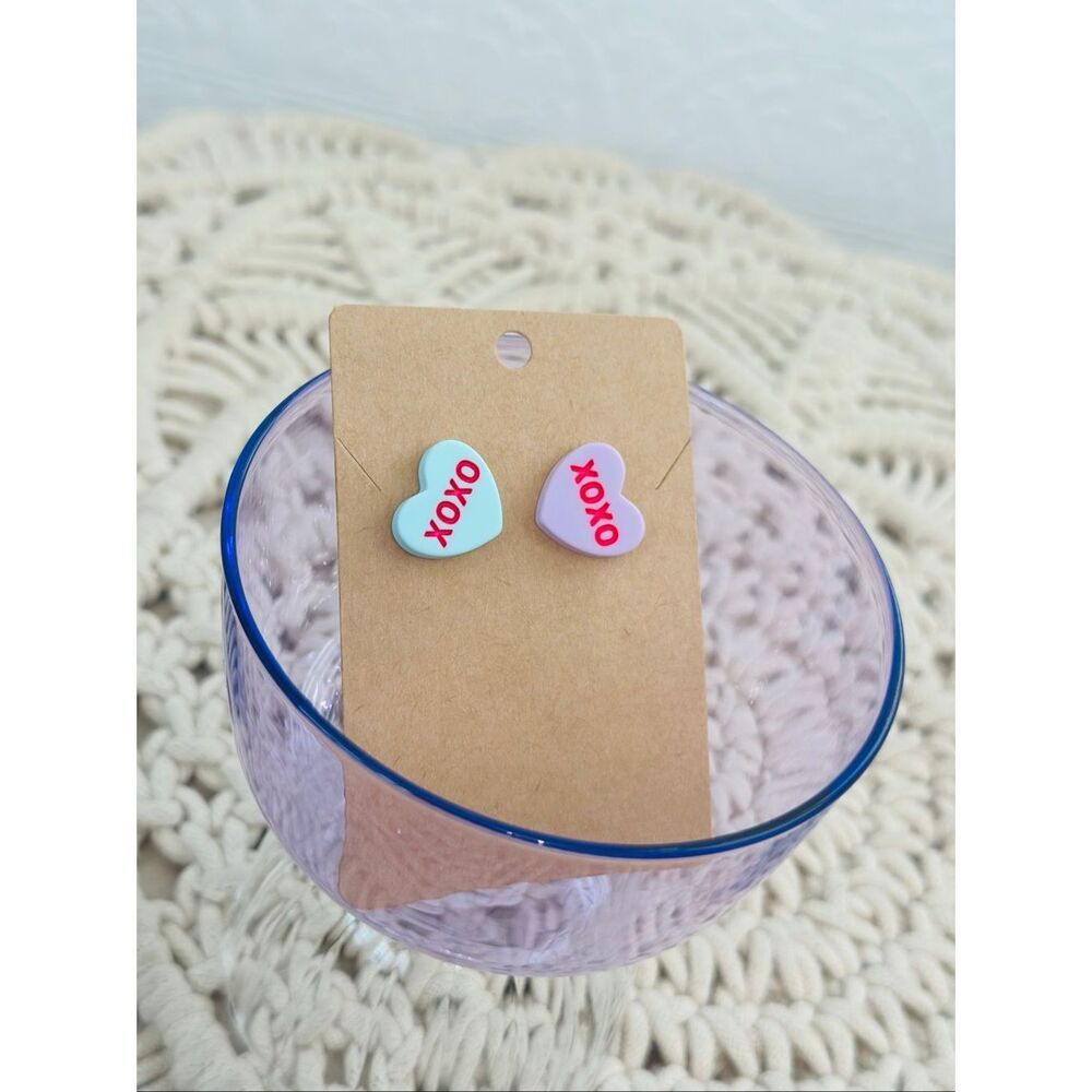 Valentines Purple & Blue Candy Hearts With Be Mine Stud Earrings